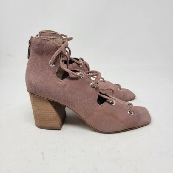 Vince Camuto | Nahara Leather Lace up Stacked Heel Shoes Blush Pink - Picture 5 of 13